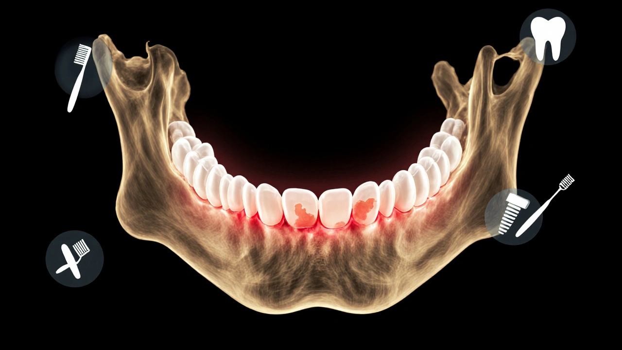 Translucent jawbone with hidden cavities glowing softly, illustrating dental decay visible only on X-ray.