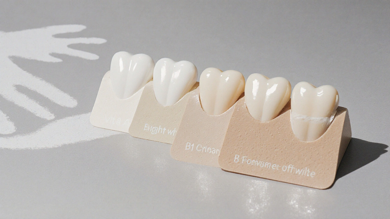 Tři vzorky keramických fazet v odstínech A1, B1 a C2 na šedém pozadí s detaily skloviny.