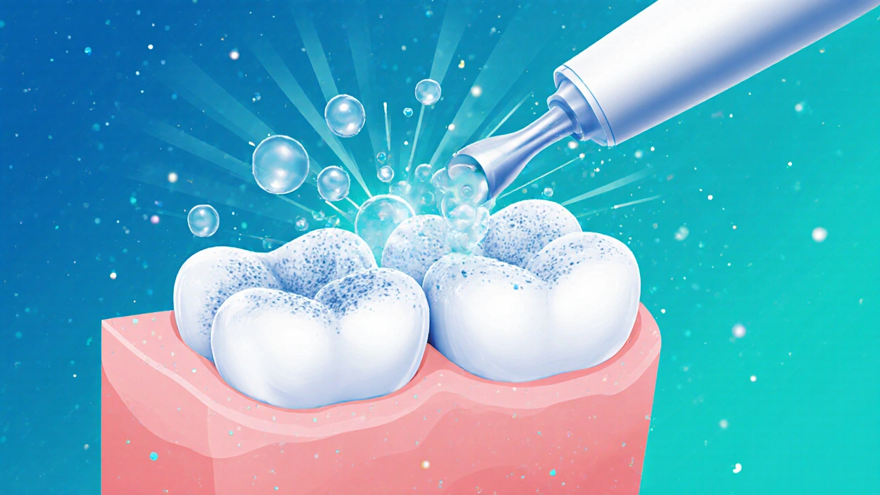 Ultrazvukové vlny a bubliny rozkládají plak a zubní kámen na zubech.