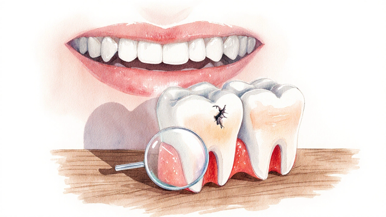 Vodové kresby dvou zubů s červeným zánětem a ochrannou dlaždičkou vedle nich na dřevěné ploše.