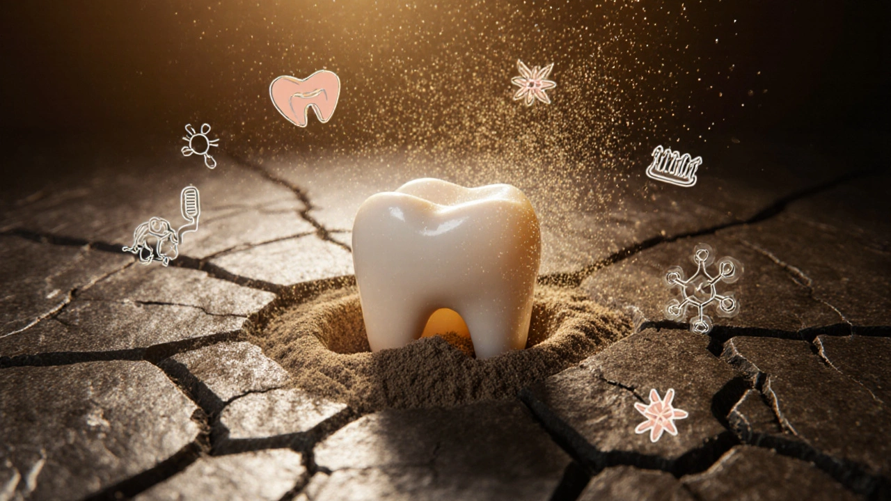 Zdravý úsměv vychází z tmavých zubů, když se od nich odstraňují nečistoty jako prach ve světle.