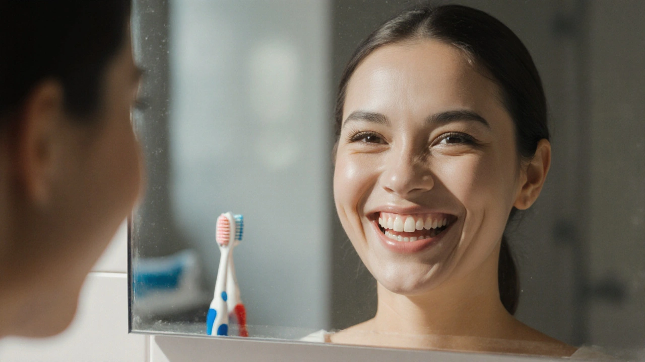 Žena se usmívá do zrcadla s přirozeně bílými horními zuby a lehce tmavšími dolními zuby.