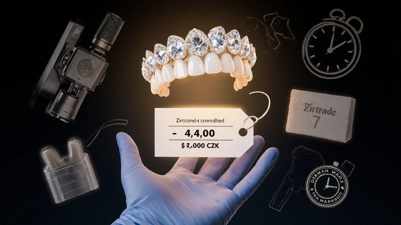 Zirkonová korunka nad cenovkou s symboly výroby, kvality a záruky.