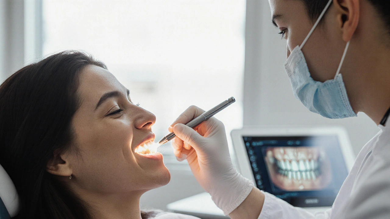 Zubní lékař při montáži celokeramické korunky na připravený zub v klinice.