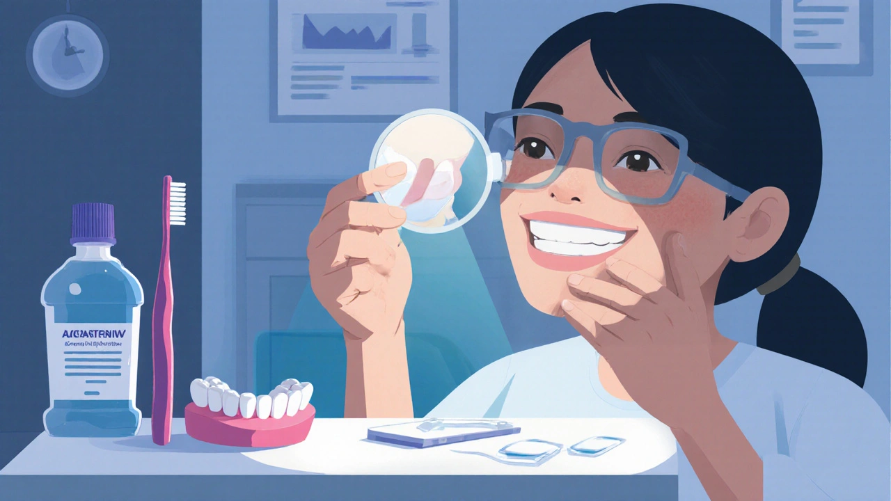 Zubní lékař prohledává zubní fazety pomocí zrcátka a světla v klinice v Praze.