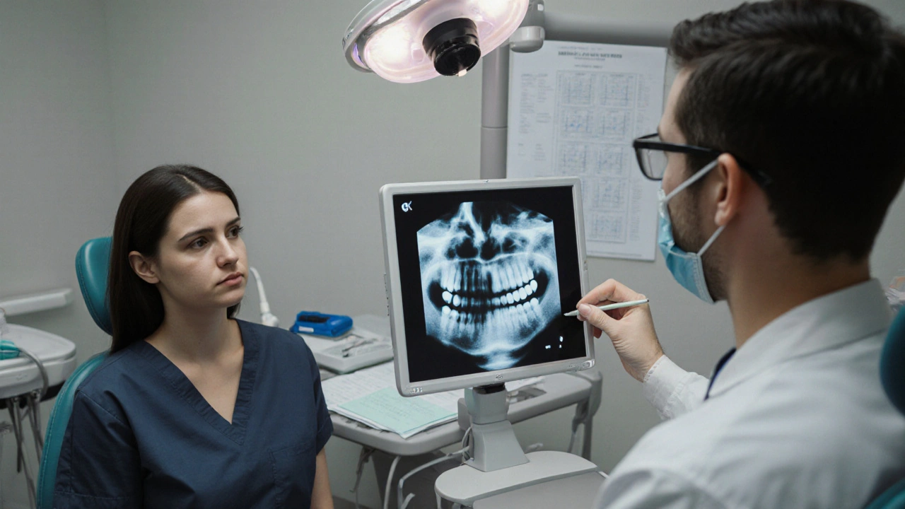 Zubní lékař prohlíží rentgen s černým kořenem zubu.