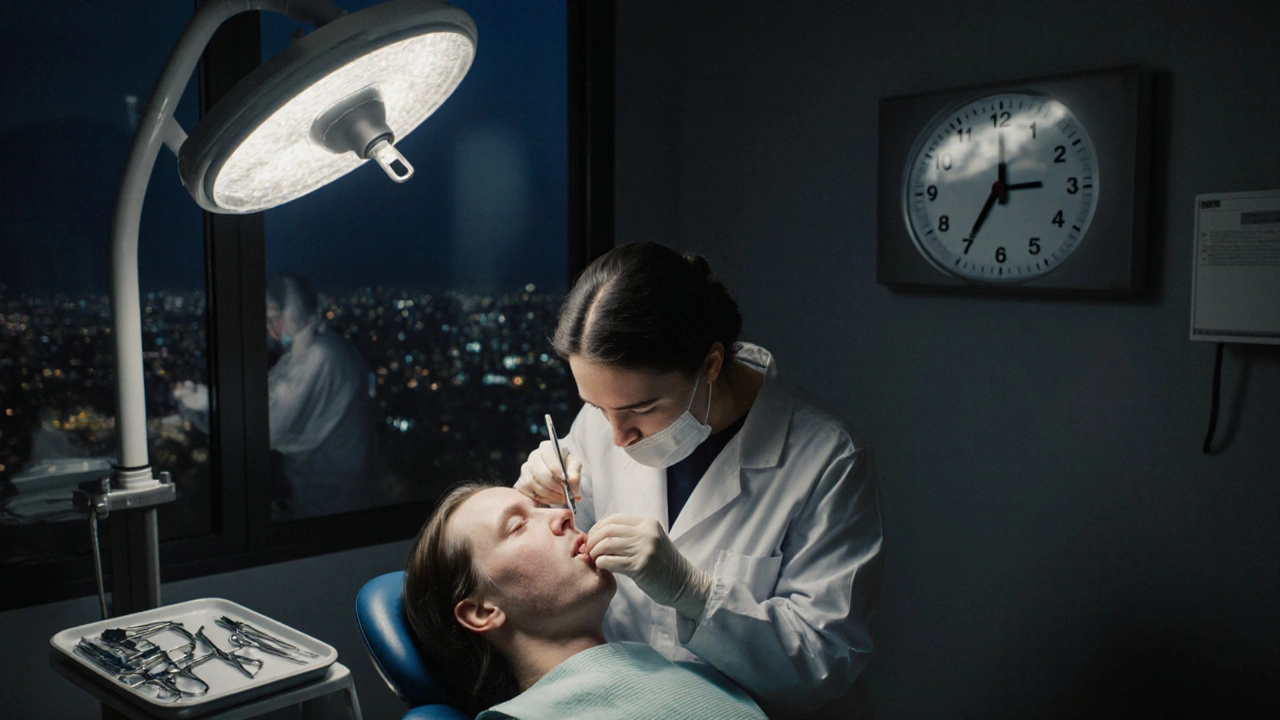 Zubní lékař rychle vyšetřuje pacienta s otokem obličeje v pohotovosti.