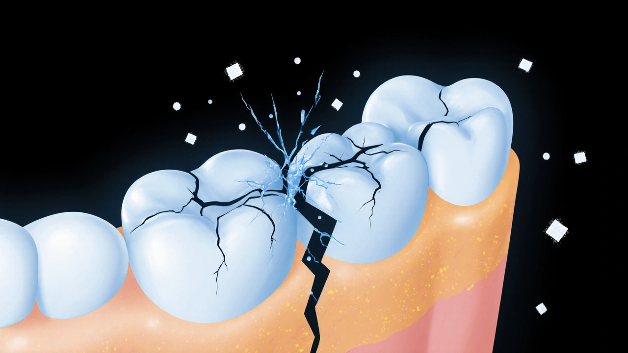Zvětšený pohled na poškozenou zubní emal s pronikajícími molekulami peroxidu.