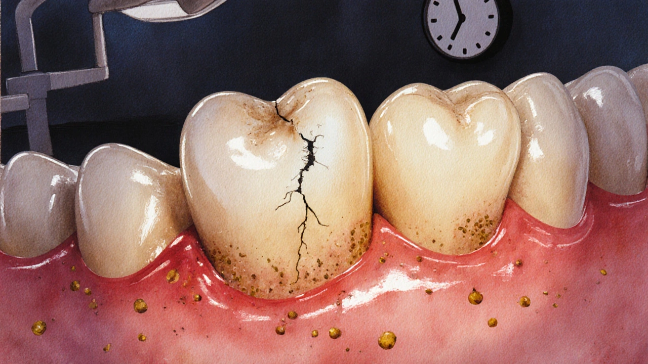 Zvětšený pohled na poškozený zub s oteklými dásněmi a zbytky jídla mezi zuby.