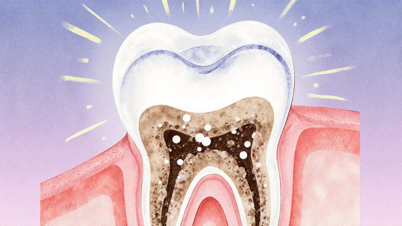 Zvětšený pohled na zub s vrstvami plaku a skvrn, které jsou odstraňovány jemnými částečkami.