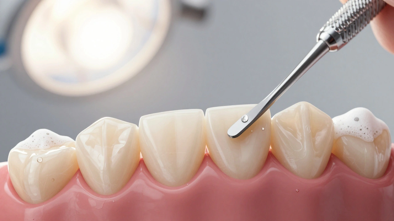 Čisté zuby po sundání rovnátek s jemnými zbytky lepidla.