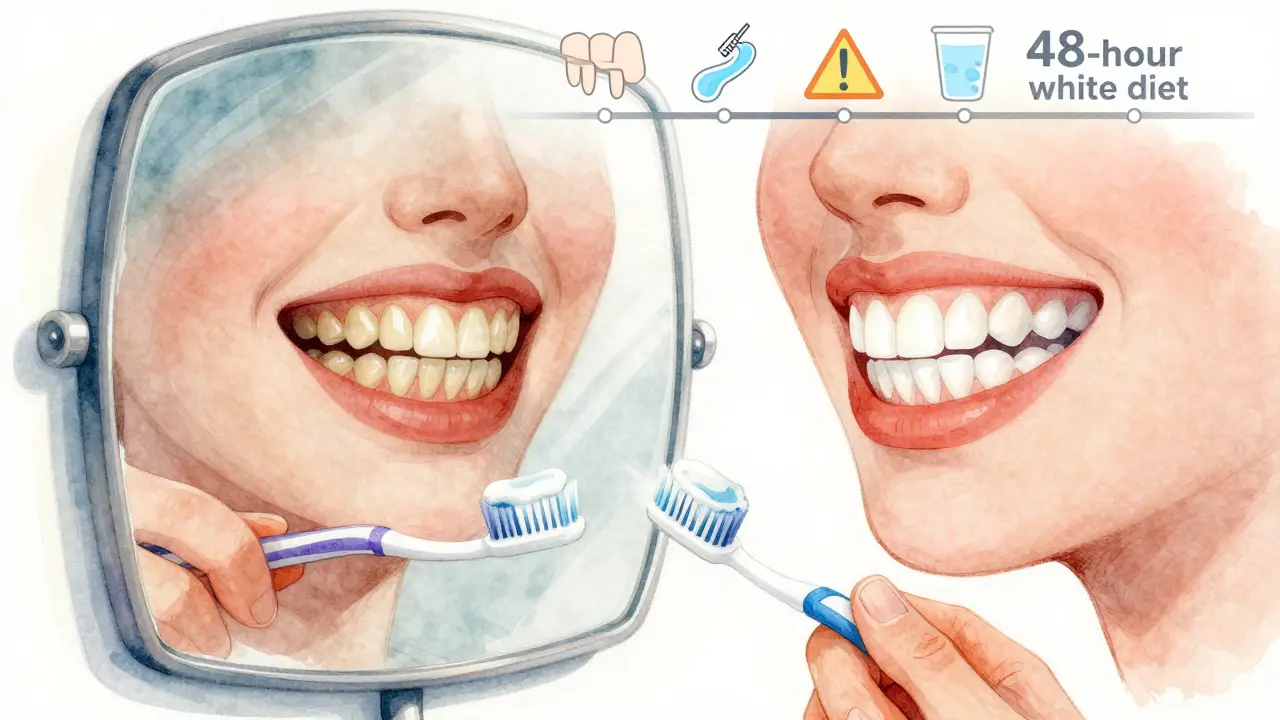 Člověk před zrcadlem s kontrastem zbarvených a bělících se zubů v pozadí.