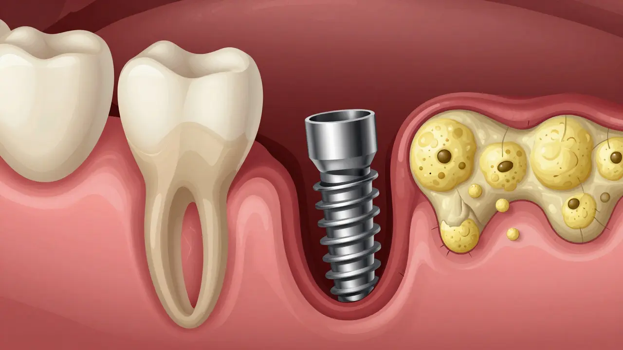 Cross-section of jawbone showing inflammation and bone loss around a dental implant.