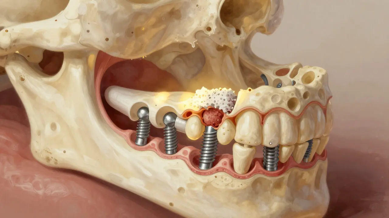 Cross-section of jawbone with bone graft and dental implant integration.