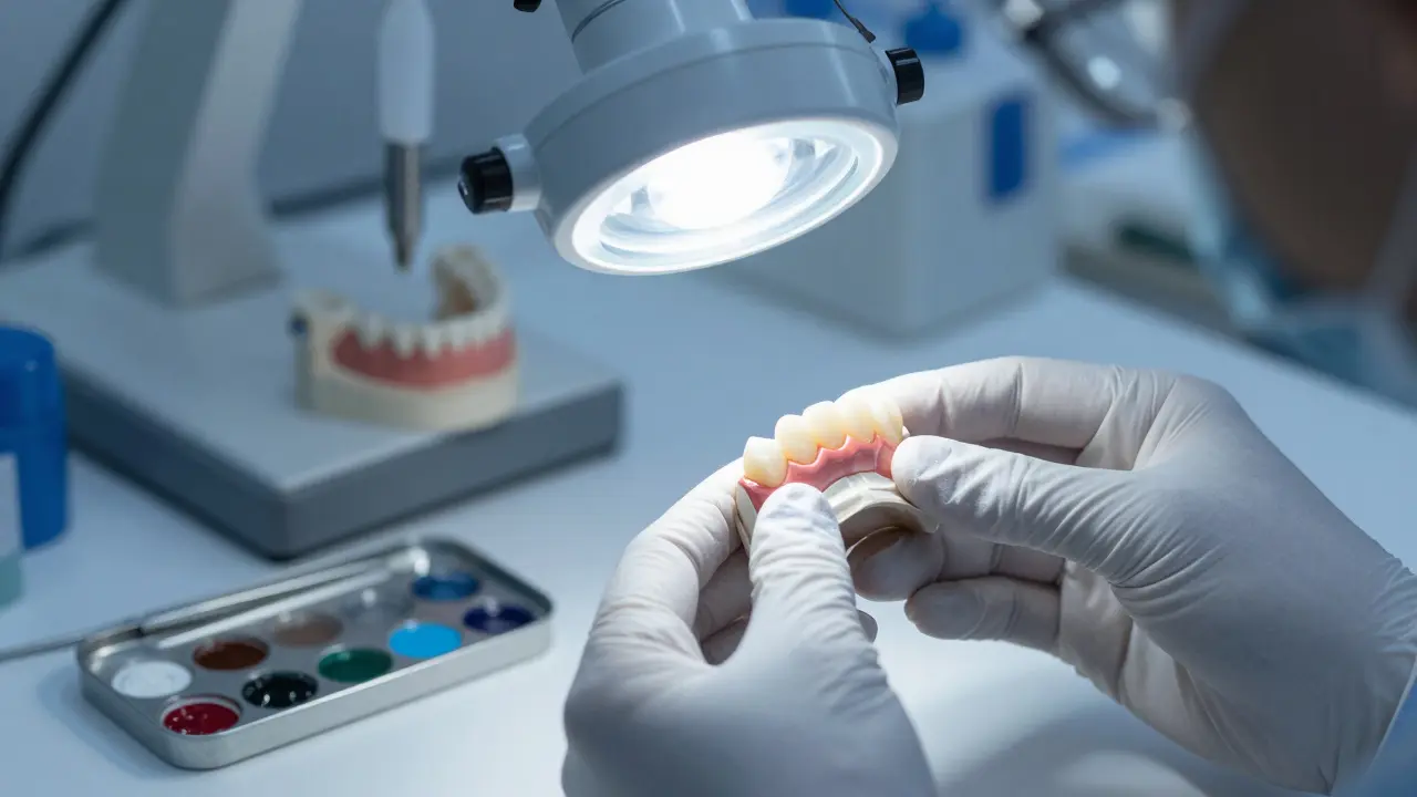 Dentální technik drží keramickou fazetu vedle přirozeného zubu v laboratoři.