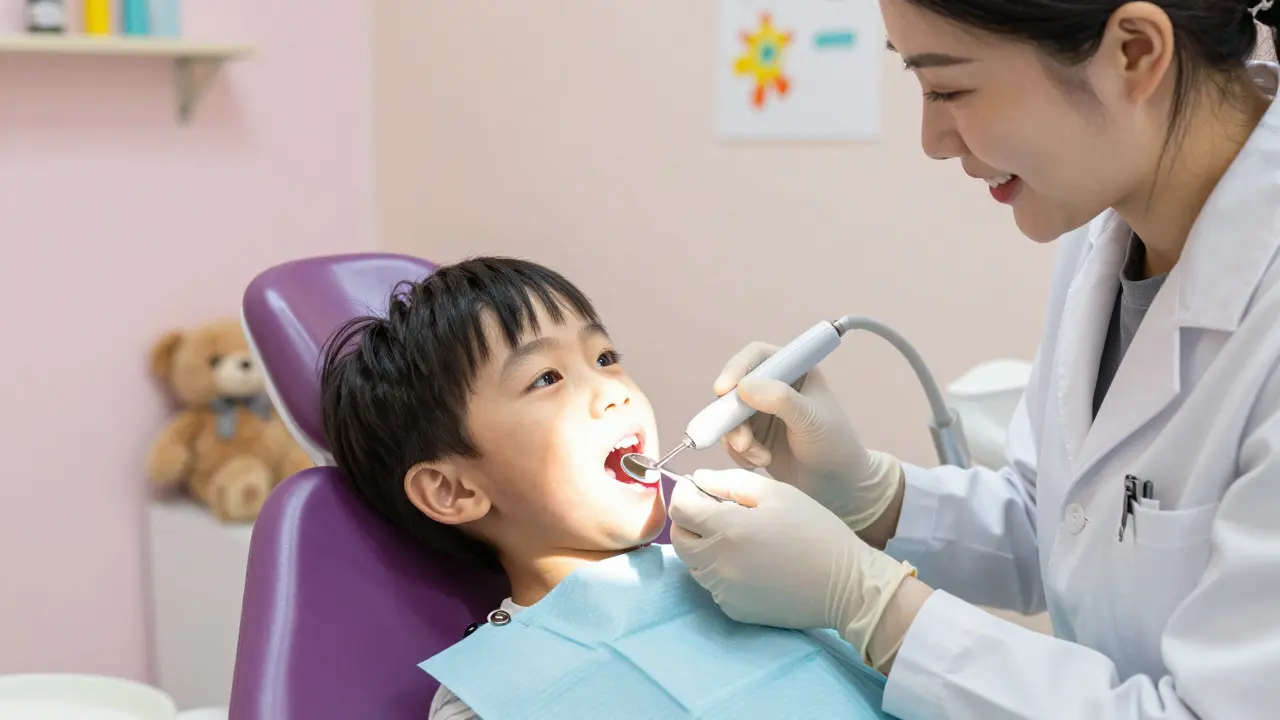 Dětský zubař jemně vyčišťuje dítěti zuby za příznivého prostředí.