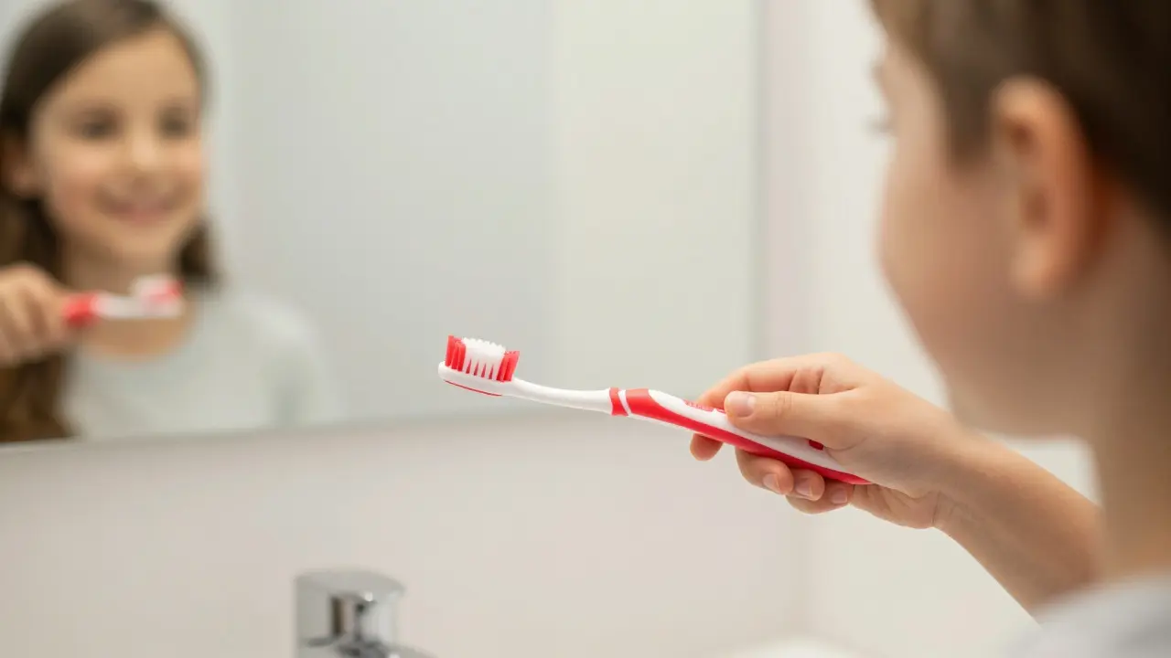 Dítě drží Curaprox CPS 60 kartáček s červenými štětinami při čištění zubů.