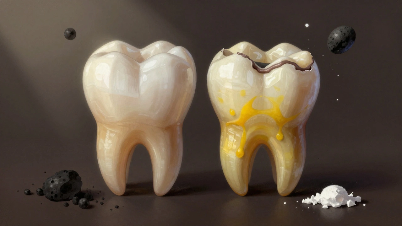 Dva protichůdné zuby: zdravý s celistvou sklovinou a poškozený s odhalenou žlutou dentinou.
