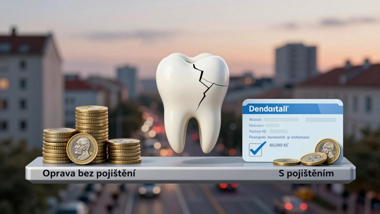 Finanční váha mezi náklady na opravu zubu s a bez pojištění.