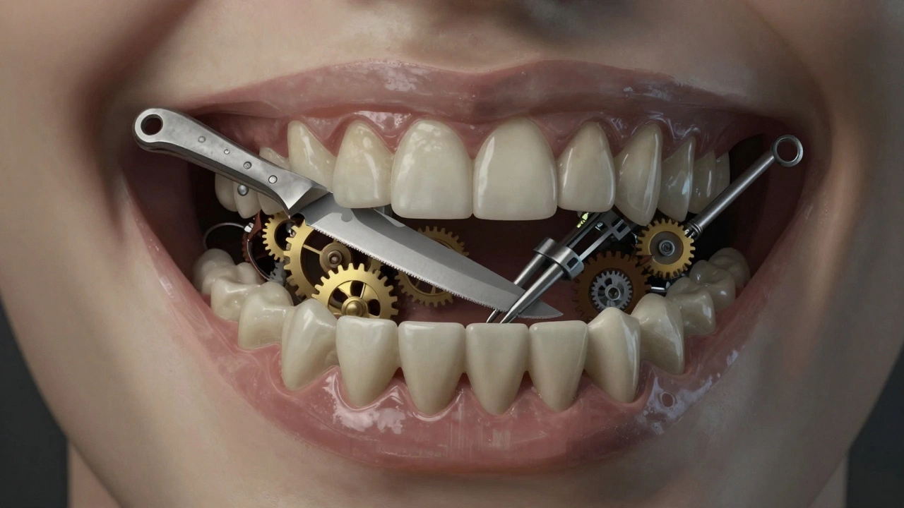 Ilustrace čelisti jako stroje s ozubenými koly místo zubů.