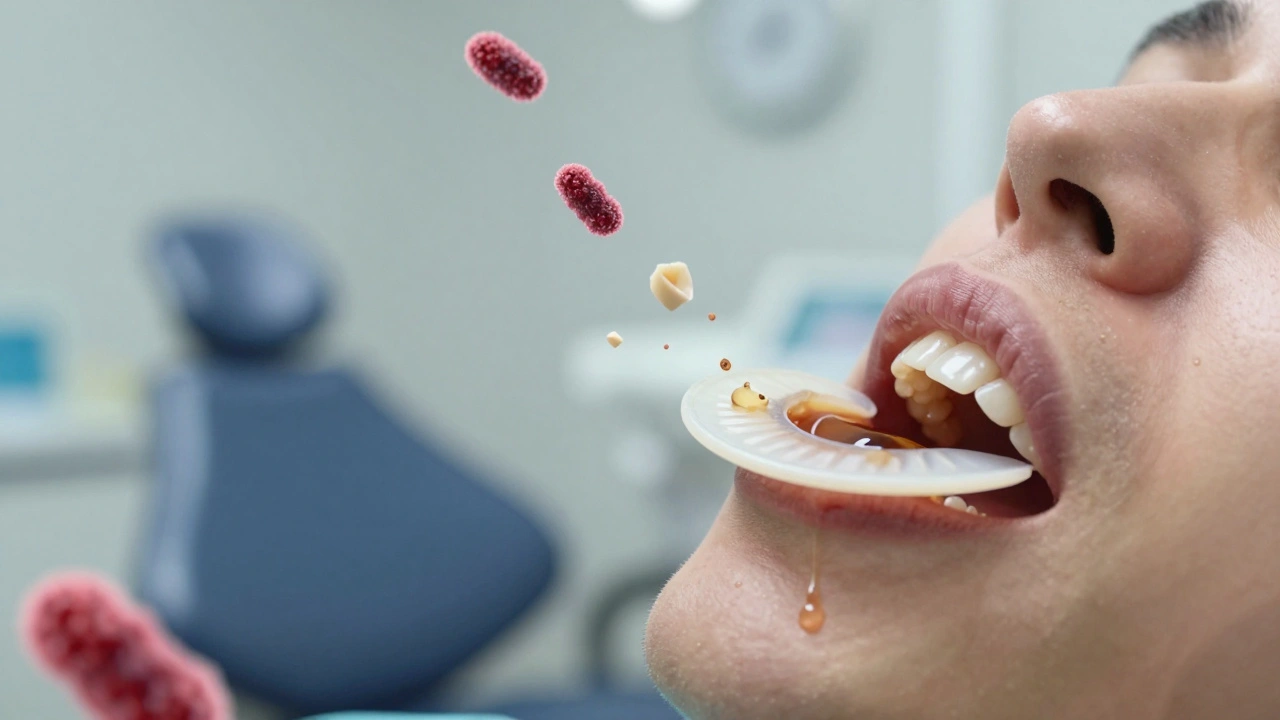 Kapka hnisu u kořene zubu s kamenem a štěpky skloviny