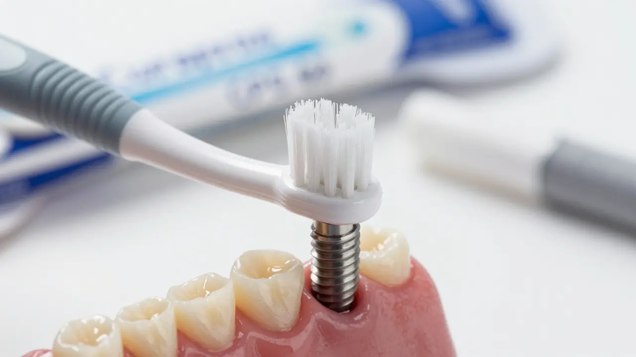 Kartáček Curaprox Implantat čistí mezery kolem zubního implantátu jemnými štětinami.