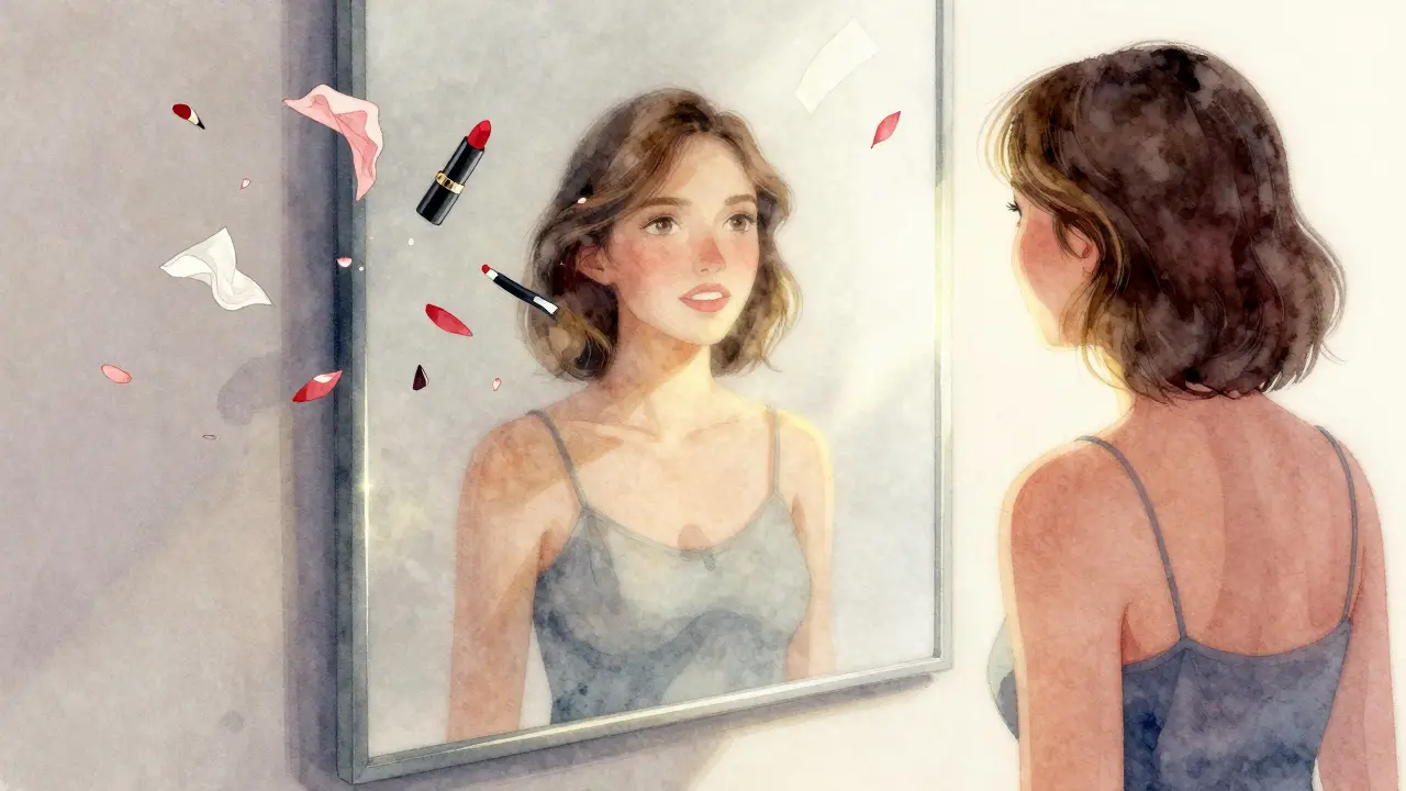 Konceptuální obraz člověka v zrcadle s aura důvěry a transformace kolem sebe.