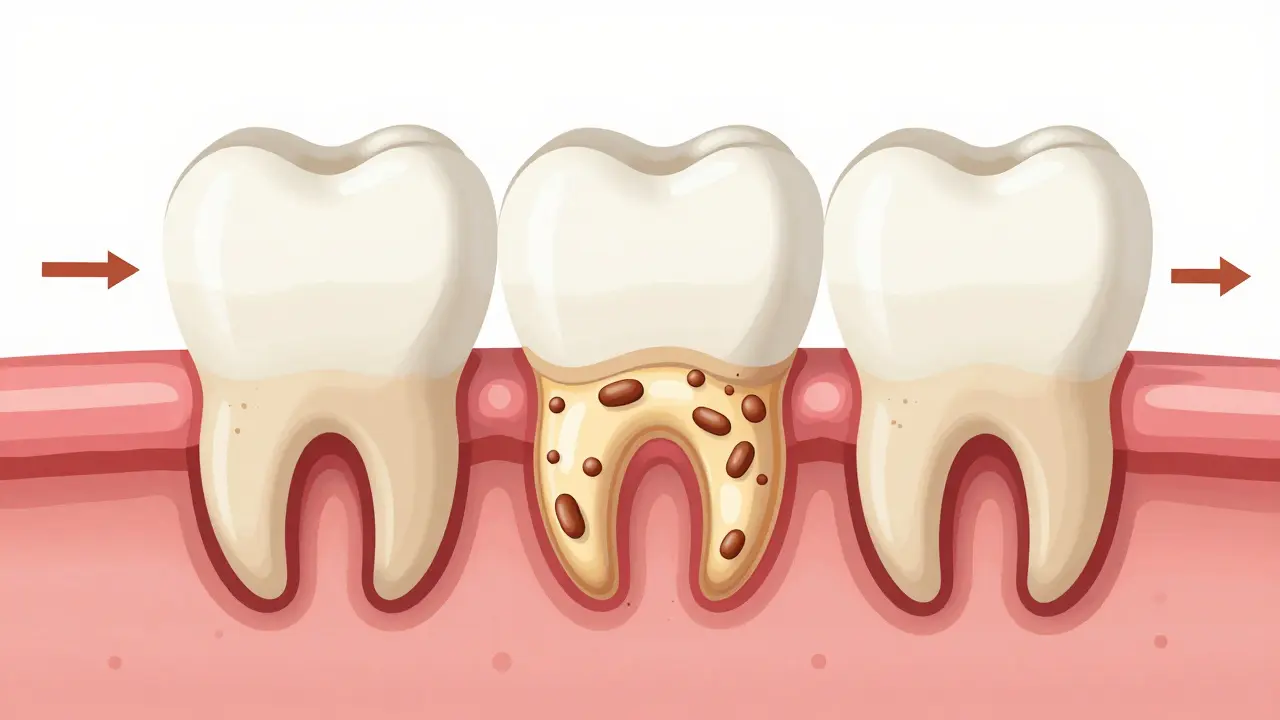 Křížový řez zubu s přechodem plaku na tvrdý kámen.
