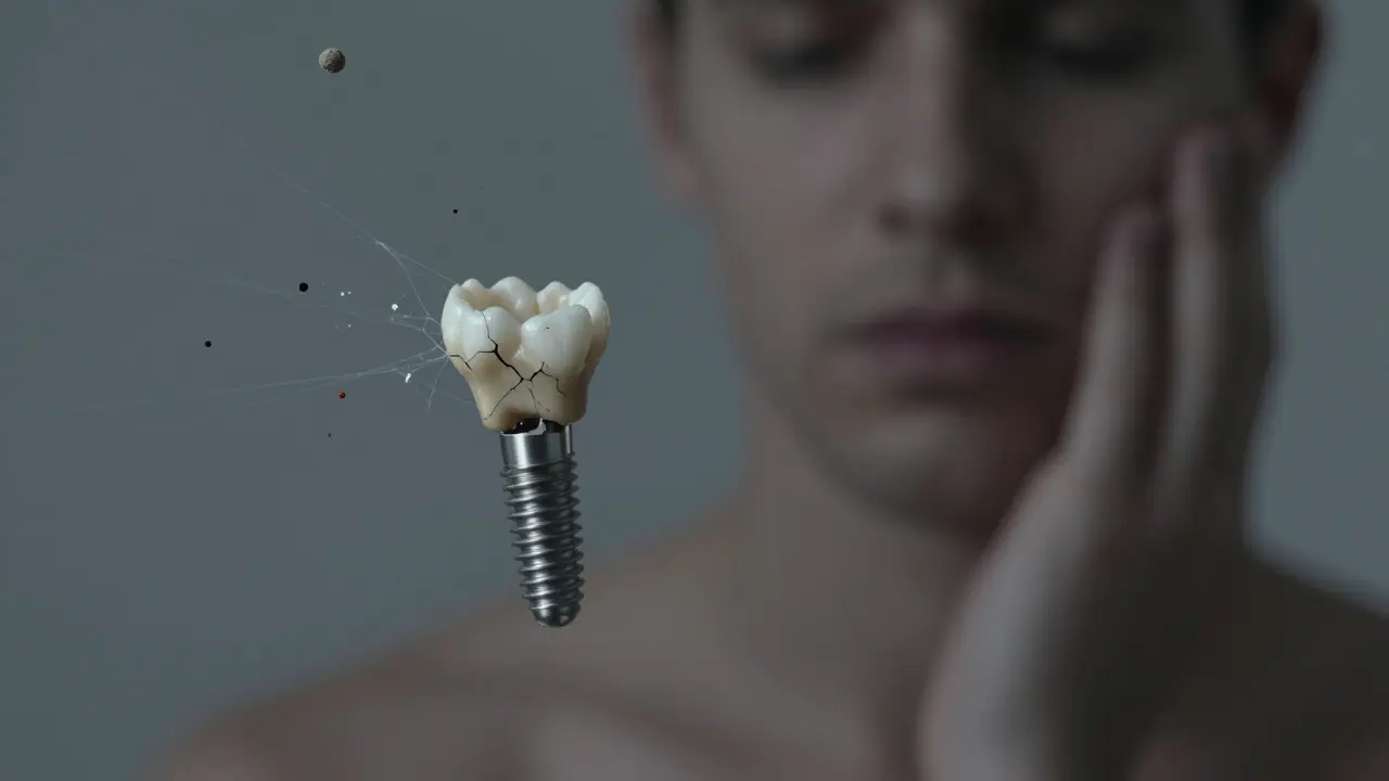 Loose dental implant with signs of bone deterioration and bacterial buildup.