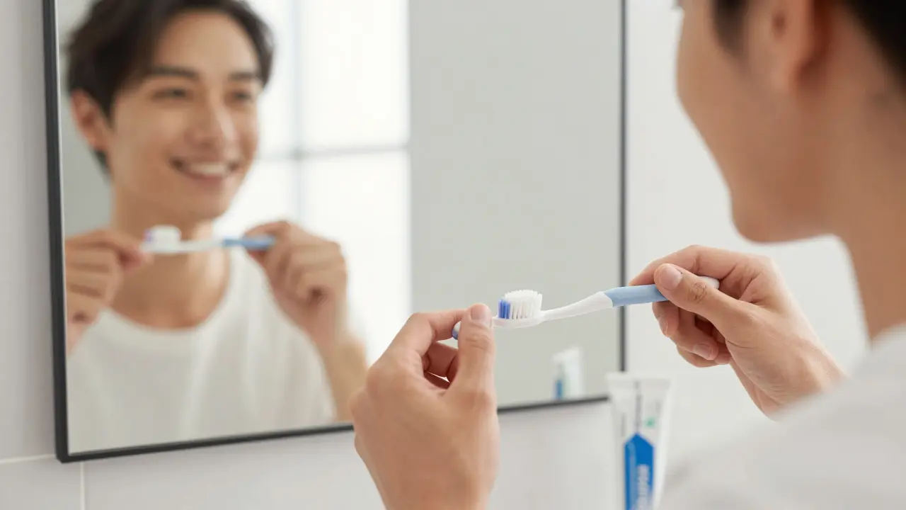 Osoba jemně čistí zuby měkkým kartáčkem, dbá na šetrný způsob čištění fazet.