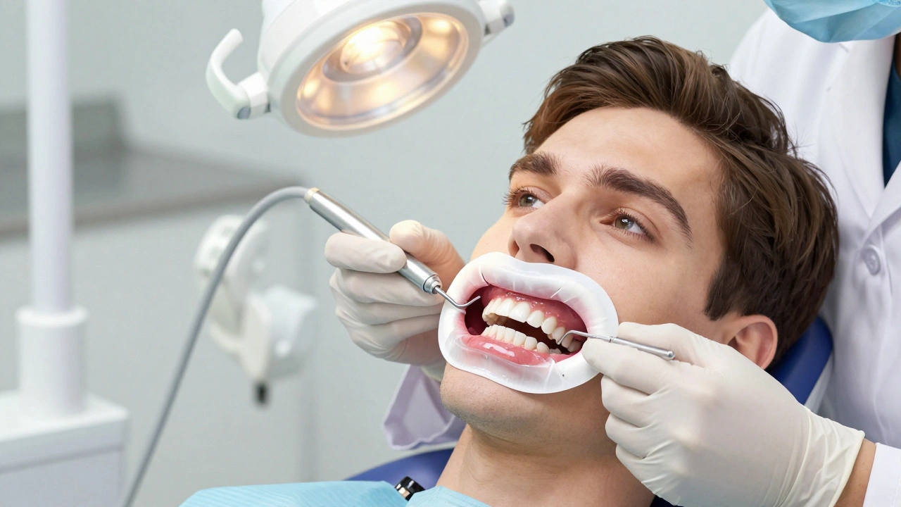 Pacient bělí zuby v zubní klinice pod dohledem zubaře, který používá ochranný štít a bělící gel.