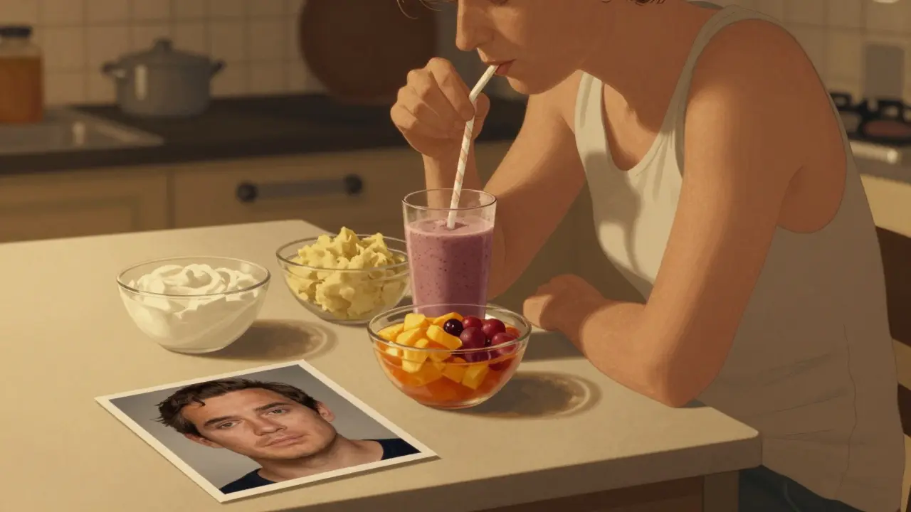 Pacient jedí smoothie u stolu, kolem něj potraviny pro rekonvalescenci.