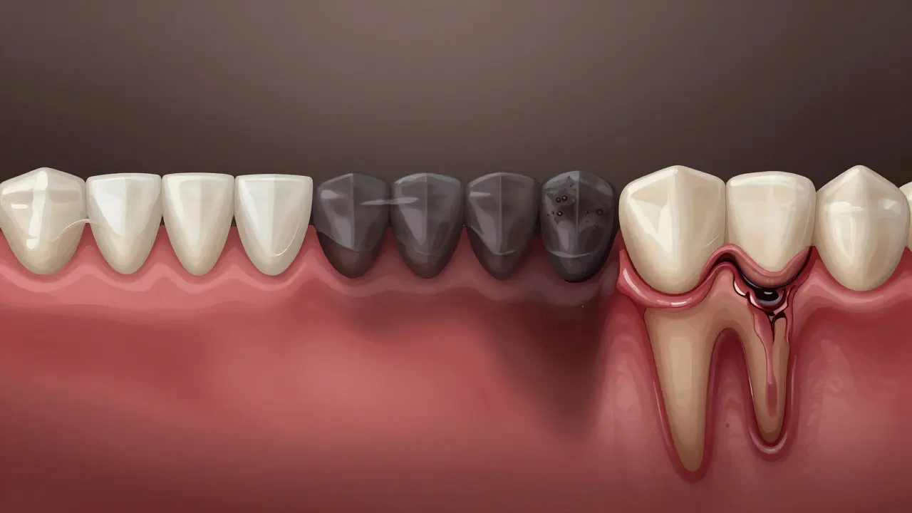 Postupný vývoj zubního plaku až k zubnímu kameni a zánětu dásní s viditelnými příznaky karies.