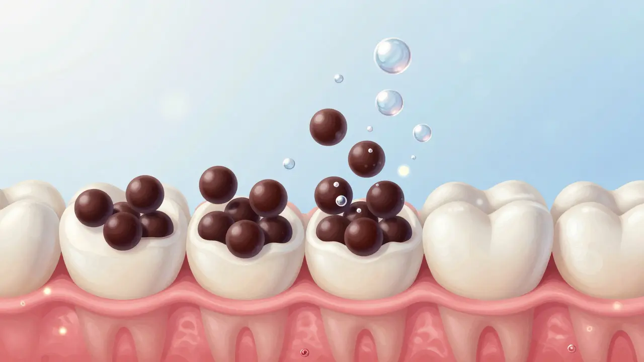 Přehled vnitřní struktury zubu, kde kyslík rozkládá tmavé molekuly a fluorid zpevňuje sklovinu.