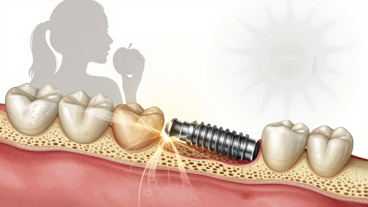 Průřez čelistní kostí s implantátem a nově růstoucí kostní tkání kolem něj.