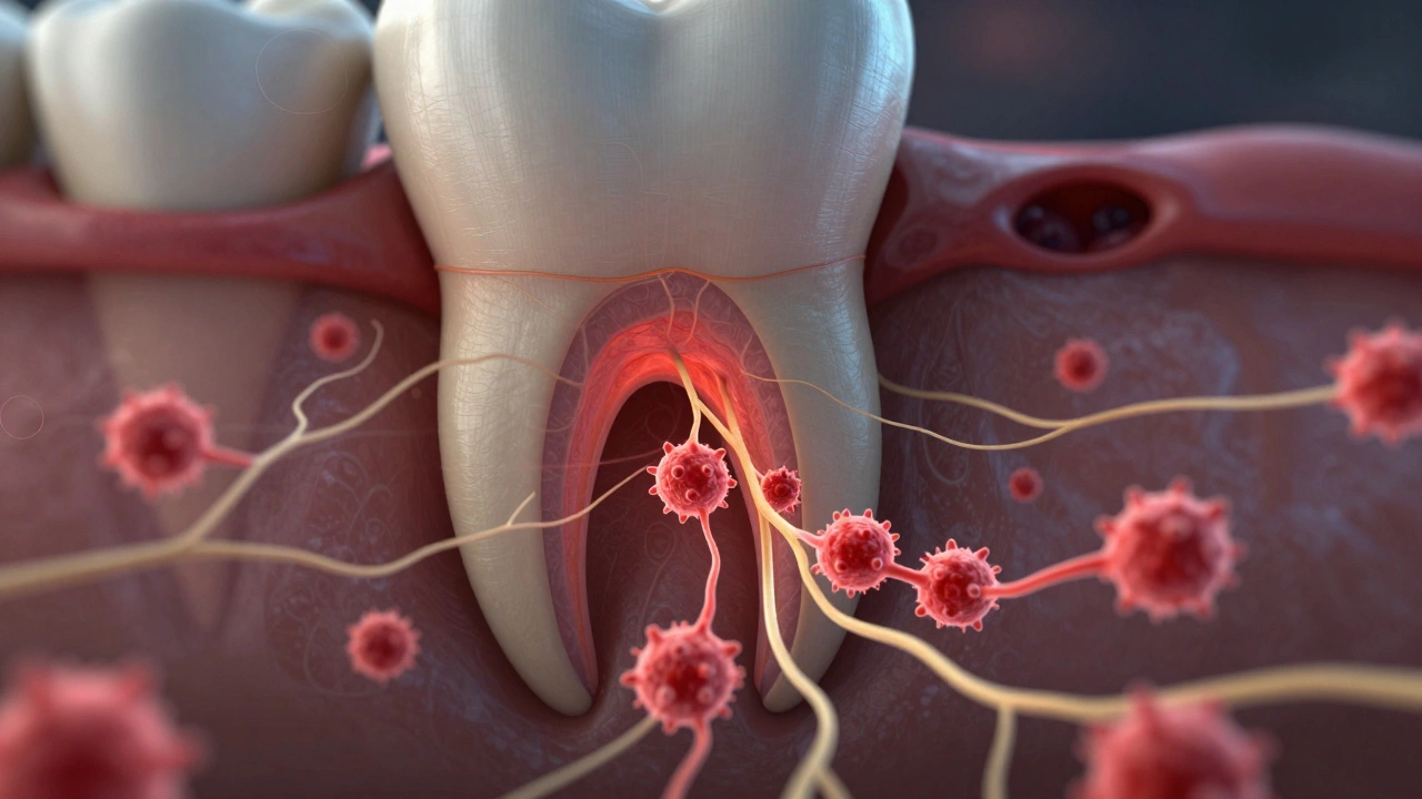 Průřez zubem s bakteriemi šířícími se k pultu