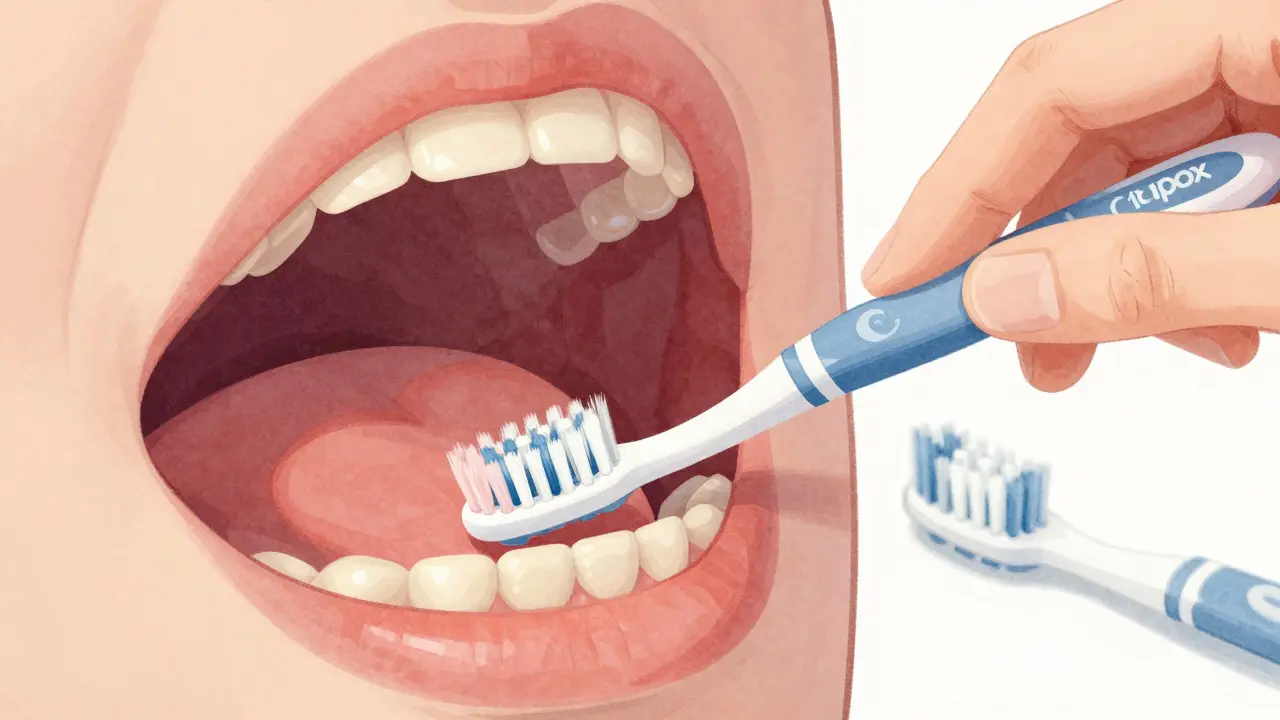 Ruka drží tenký kartáček Curaprox, který dosahuje až do zadních zubů.