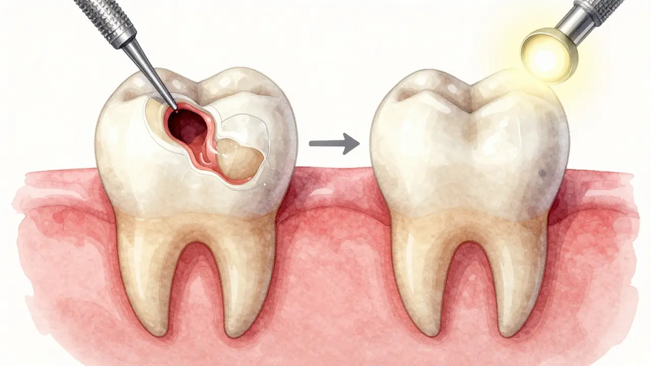 Side-by-side view of damaged tooth and restored tooth with composite material.