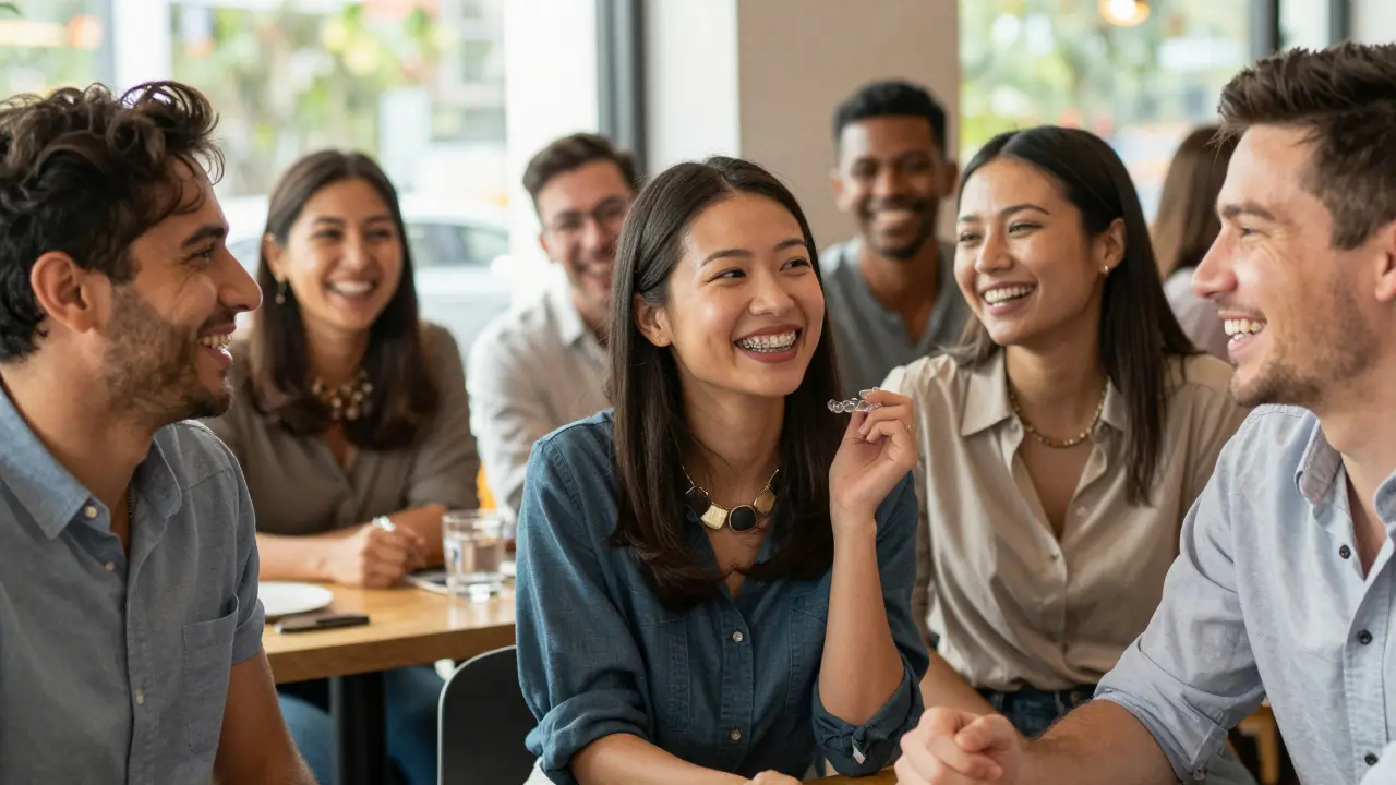 Skupina dospělých se směje v kavárně, někteří nosí průhledné rovnátka.
