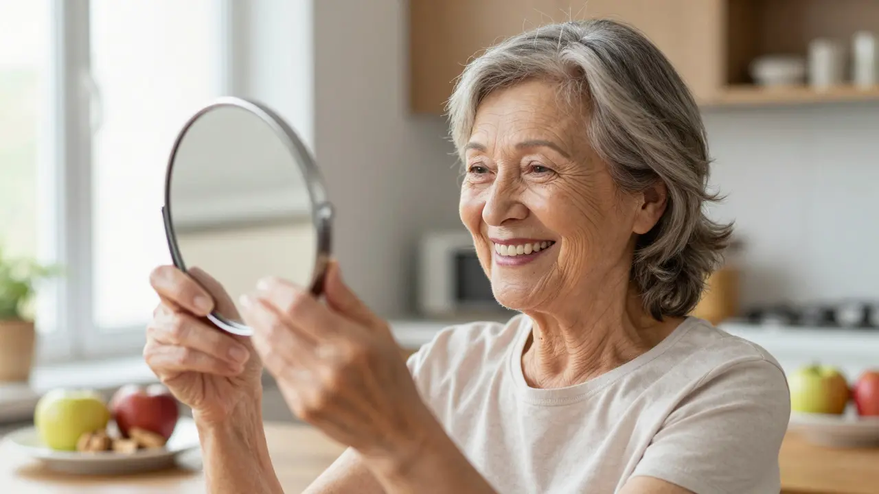 Smiling woman admiring her restored smile in a mirror.