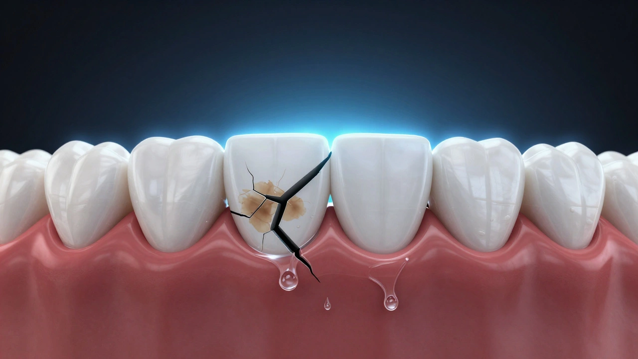 Symbolický obraz rozkládání skvrn zubů bez poškození skloviny, s vývojem zdravé bílé skloviny.