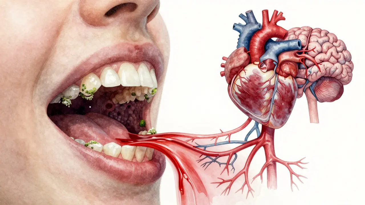 Symbolický obraz ústní dutiny spojené s krvním oběhem a mozkem jako důsledek neodstraňovaného plaku.
