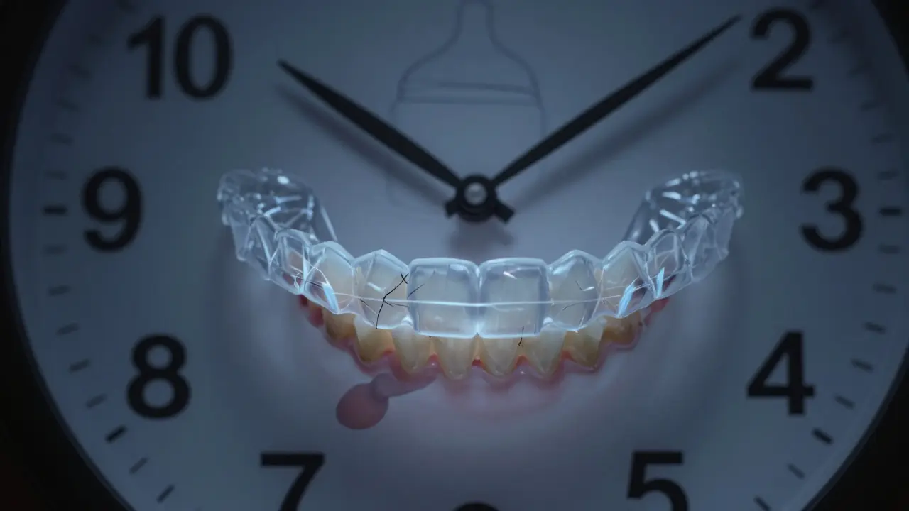 Transparenntní ortodontický štít nad zuby, zuby opotřebované, značky dětských ná习惯 jako stín.