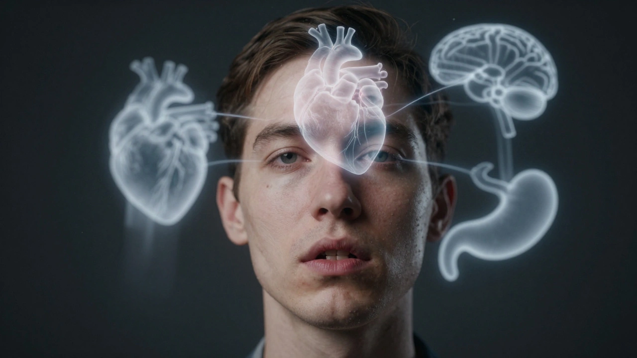 Tvář se ztracenými moláry a průhledné zuby spojené s orgány těla.