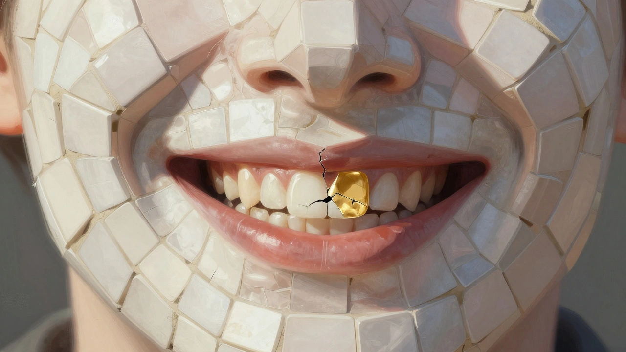 Úsměv složený z mozaikových dlaždic, kde jeden zub je poškozený a opravený zlatou dlaždicí.