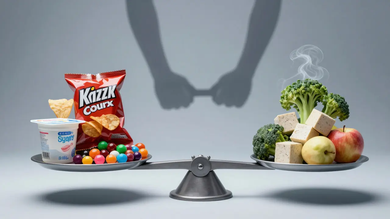 Váha s nezdravými a zdravými potravinami, stín rovnátek přes ní symbolizuje jejich vliv na stravu.