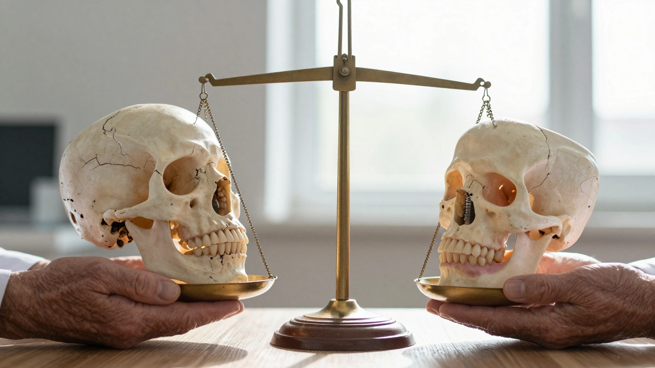 Váha s porovnáním zdravé a ztrácené čelisti: implantáty udržují kostní hmotu.