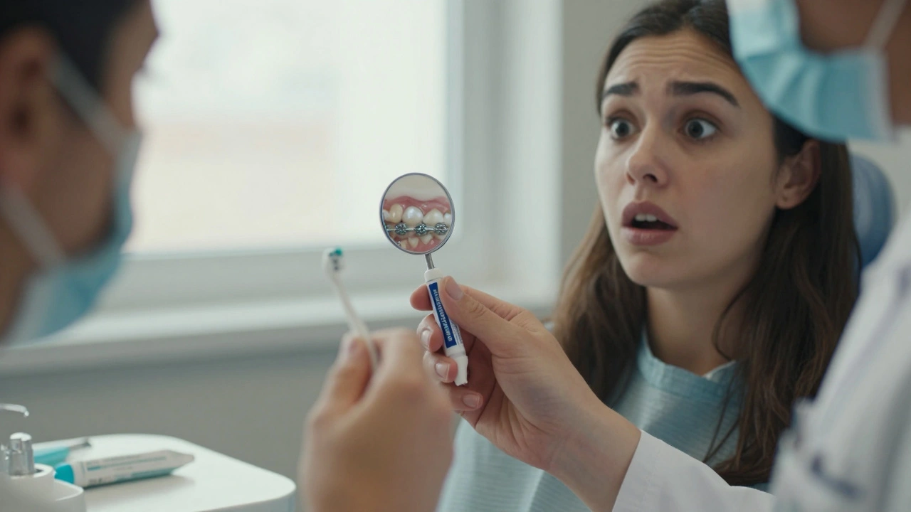 Zubní hygienistka ukazuje pacientovi poškozené zuby po sundání rovnátek.