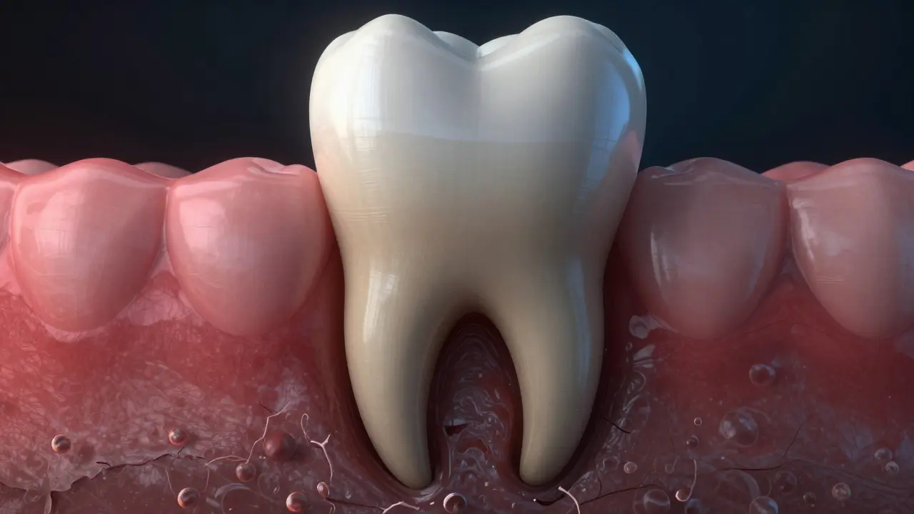 Zubní kořen postupně zničený pod dásněmi, kde kost mizí a dásně se stahují.