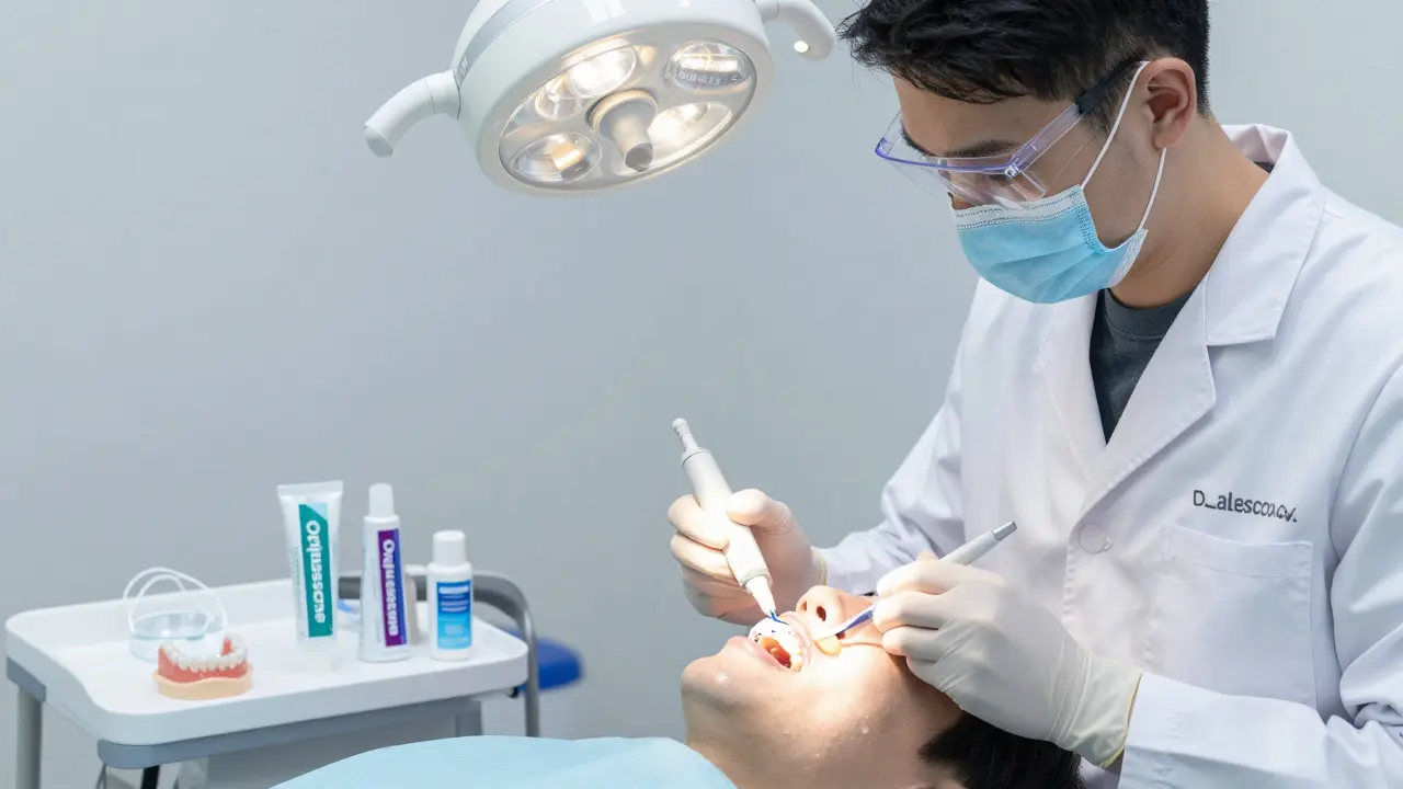 Zubní lékař aplikuje bělící gel Opalescence Boost na zuby pacienta v ordinaci.